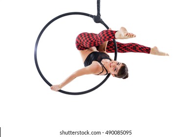 Woman Hanging In Aerial Ring, Isolated On White