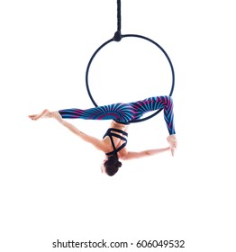 Woman Hanging In Aerial Ring, Isolated On White