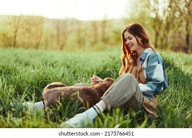 Woman Happily Smiling At Playing With Her Little Dog Outdoors On Fresh Green Grass In The Summer Sunshine Her And Her Dog's Health, Health Concept And Timely Treatment For Insects Ticks And Tick Fleas