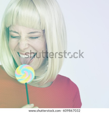 Similar – Image, Stock Photo Young happy woman drinking a milkshake