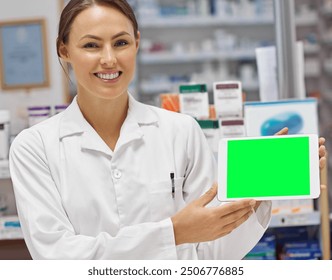 Woman, happy and green screen on tablet as pharmacist at drug store with marketing for customer service. Mockup space, portrait and smile with confidence at pharmacy for medication instruction - Powered by Shutterstock