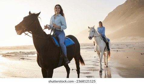 Woman, happy and horse riding with face at beach for bond, activity or self care on holiday. Female, friends or people on vacation by travel for relaxing, health or love at shore, mountains and sport - Powered by Shutterstock