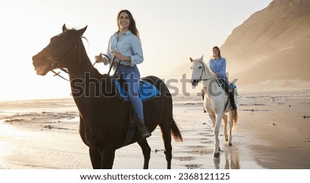 Woman, happy and horse riding with face at beach for bond, activity or self care on holiday. Female, friends or people on vacation by travel for relaxing, health or love at shore, mountains and sport