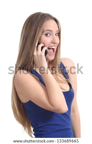 Woman happy on the mobile phone isolated on a white background