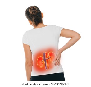 Woman has acute pain in the kidneys. Treatment of chronic kidney disease, pyelonephritis, urolithiasis, inflammation, renal failure. Isolated on white - Shutterstock ID 1849136353
