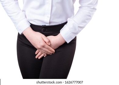 Woman has pain in the genital area and Vaginal on white background