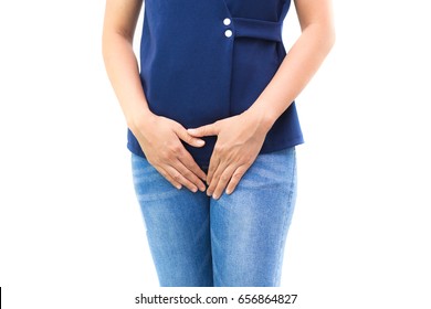 Woman has pain in the genital area and  Vaginal on white background
