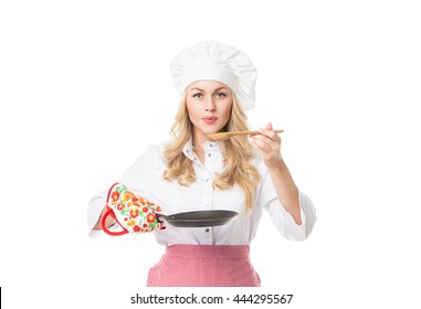 Woman And Hat Blowing On Spoon With Hot Food