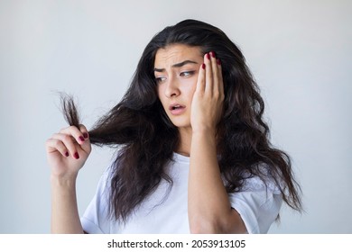 Woman Have Damaged And Broken Hair, Loss Hair, Dry Problem Concept.