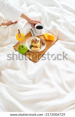 Similar – Hotcakes with fruit and coffee in bed