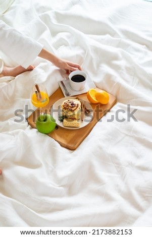 Similar – Hotcakes with fruit and coffee in bed