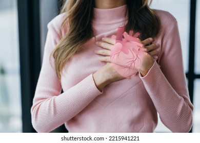 Woman Having Clutching Chest With Heart Anatomy, Heart Attack, Heart Disease, Female With Health Care And Healthy Feminine, World Heart Day Concept.