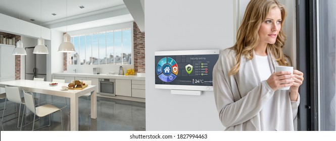 Woman Having Coffee By A Home Automation Control Station In A Modern Home 3D Render