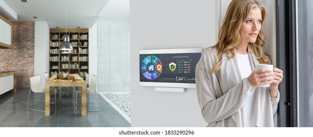 Woman Having Coffee By A Home Automation Control Station In A Modern Home 3D Rendering