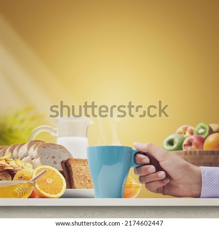 Similar – Image, Stock Photo Morning Breakfast In Green Garden With French Croissant, Donuts, Coffee Cup, Orange Juice, Tablet and Notes Book On Wooden Table