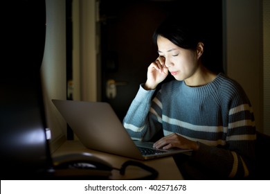 Woman Having Eye Problem When Using Laptop Computer 