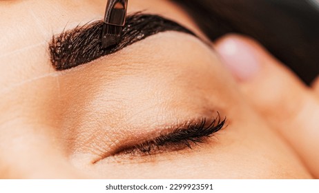 Woman having Eyebrow coloring procedure at beauty salon. Professional lamination procedures of female eyebrows in beauty salon.  Beauty care concept. Beauty master coloring eyebrow is working - Powered by Shutterstock