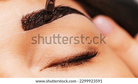 Woman having Eyebrow coloring procedure at beauty salon. Professional lamination procedures of female eyebrows in beauty salon.  Beauty care concept. Beauty master coloring eyebrow is working