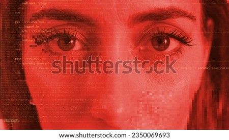 A woman having face scan with code and glitch
