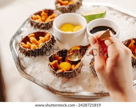 Woman having fresh sea urchins at table. Fresh sea urchins on large plate with ice and lime. Healthy food, gourmet food, restaurant food. Mediterranean cuisine, girl eats, sea urchins on ice