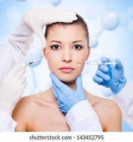 Woman Having Injection Into The Skin Over Molecule Background