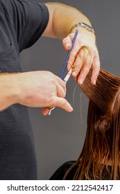 Woman Having A New Haircut. Male Hairstylist Cutting Brown Hair With Scissors In A Hair Salon