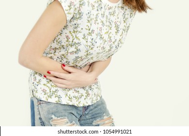 Woman having painful stomachache, chronic gastritis or abdomen bloating