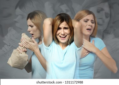 Woman having panic attack on grey background