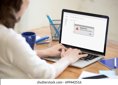 Woman Having Problem With Laptop While Using Online Email App, Application Failed Warning, Broken Computer Crash, Operation Error, Pc Failure Message, Data Loss, Focus On Screen, Close Up Rear View