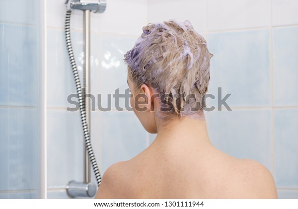 Woman Having Purple Shampoo Foam On Stock Photo Edit Now 1301111944