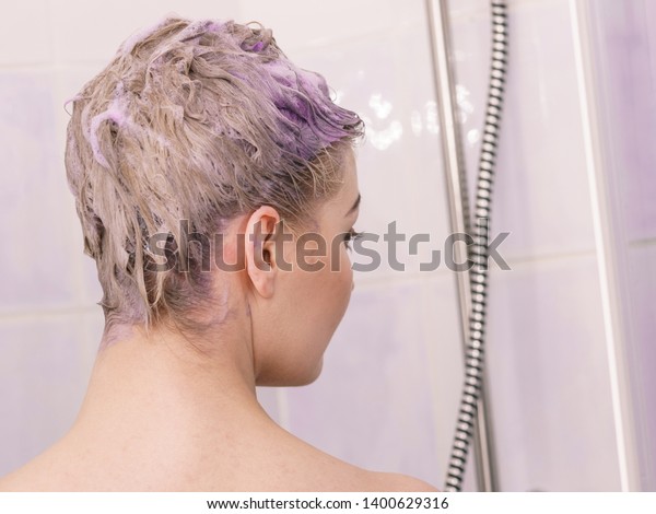 Woman Having Purple Shampoo Foam On Stock Photo Edit Now 1400629316