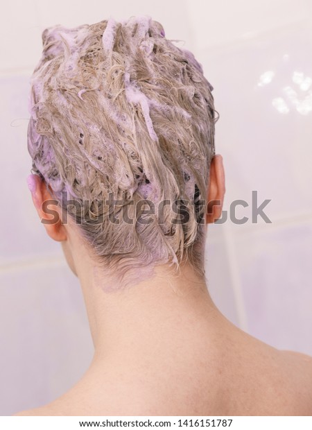 Woman Having Purple Shampoo Foam On Stock Photo Edit Now 1416151787