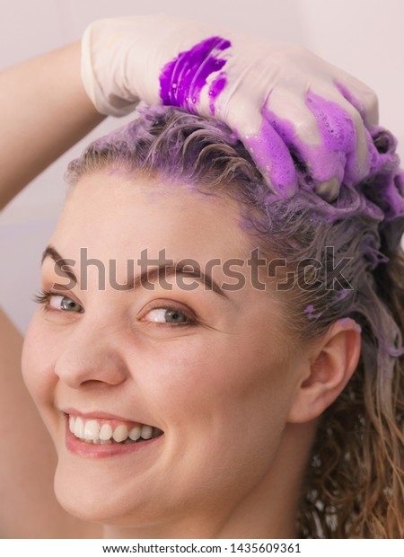 Woman Having Purple Shampoo Foam On Stock Photo Edit Now 1435609361