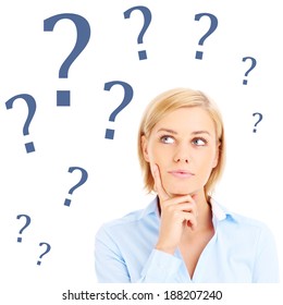 Woman Is Having Question Over White Background