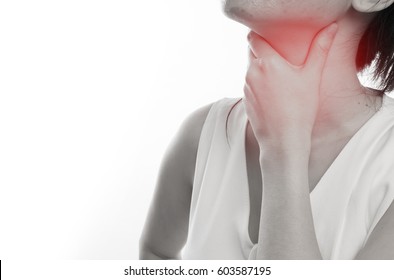 woman having Sore throat on  isolated white background.  concept of health care lifestyle.