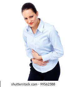 Woman Having  Stomach Pain. Isolated On White Background.