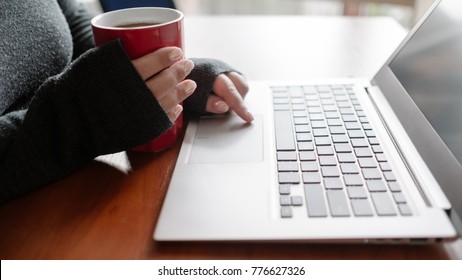 Woman Having A Tea And Binge Watching Her Favourite TV Series On Laptop. Movie Download And Video Streaming