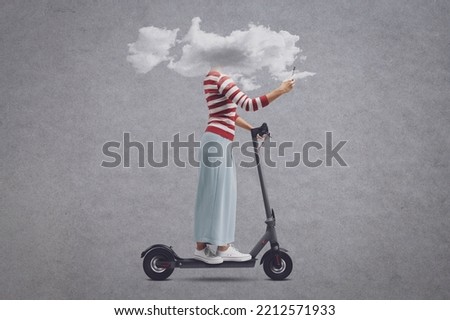 Woman with head in a cloud riding a scooter and using her smartphone, social media addiction and nomophobia concept