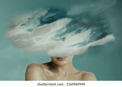 Woman head hidden by soft cloud on blue background, mental health, brain fog - Shutterstock ID 2169969949