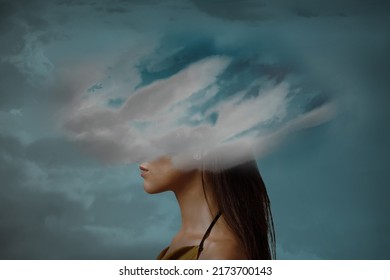 Woman head hidden by soft cloud on blue background, mental health, brain fog