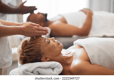 Woman, Head And Spa Massage Of Couple At Beauty Salon, Holiday Resort And Wellness Vacation, Face Cosmetics And Peace In Bali. Black Woman, Luxury Facial And Relax Treatment From Skincare Therapist