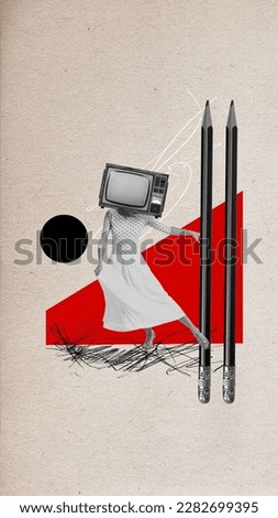 Woman headed with retro TV head dancing around pencils. Journalism and writing activity. Contemporary art collage. Creative design. Concept of modern technologies, surrealism, social media