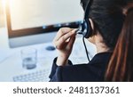 Woman, headset and call center in office, crm and customer service for conversation and online support. Computer, telemarketing and consultant for career, operator and female person for hotline agent