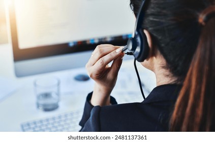 Woman, headset and call center in office, crm and customer service for conversation and online support. Computer, telemarketing and consultant for career, operator and female person for hotline agent - Powered by Shutterstock