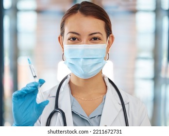 Woman Healthcare With Covid Vaccine, Syringe Or Doctor Holding Needle At Hospital. Girl Research Leader With Medical Innovation Science, Face Mask Or Medicine, Help Virus Solution Or Cancer Treatment