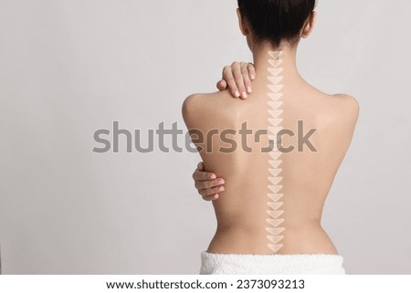 Woman with healthy back on light background, space for text. Illustration of spine