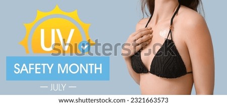 Woman with heart drawn in sunscreen cream on her skin against grey background. Banner for Ultraviolet Safety Month