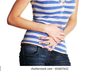 Woman Heaving Belly Ache, Isolated On White Background