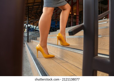 Woman In Heels Going Up Stairs Outdoors, Closeup