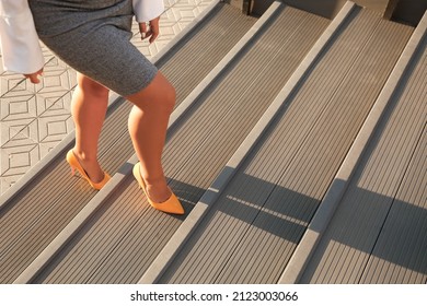 Woman In Heels Going Up Stairs Outdoors, Closeup